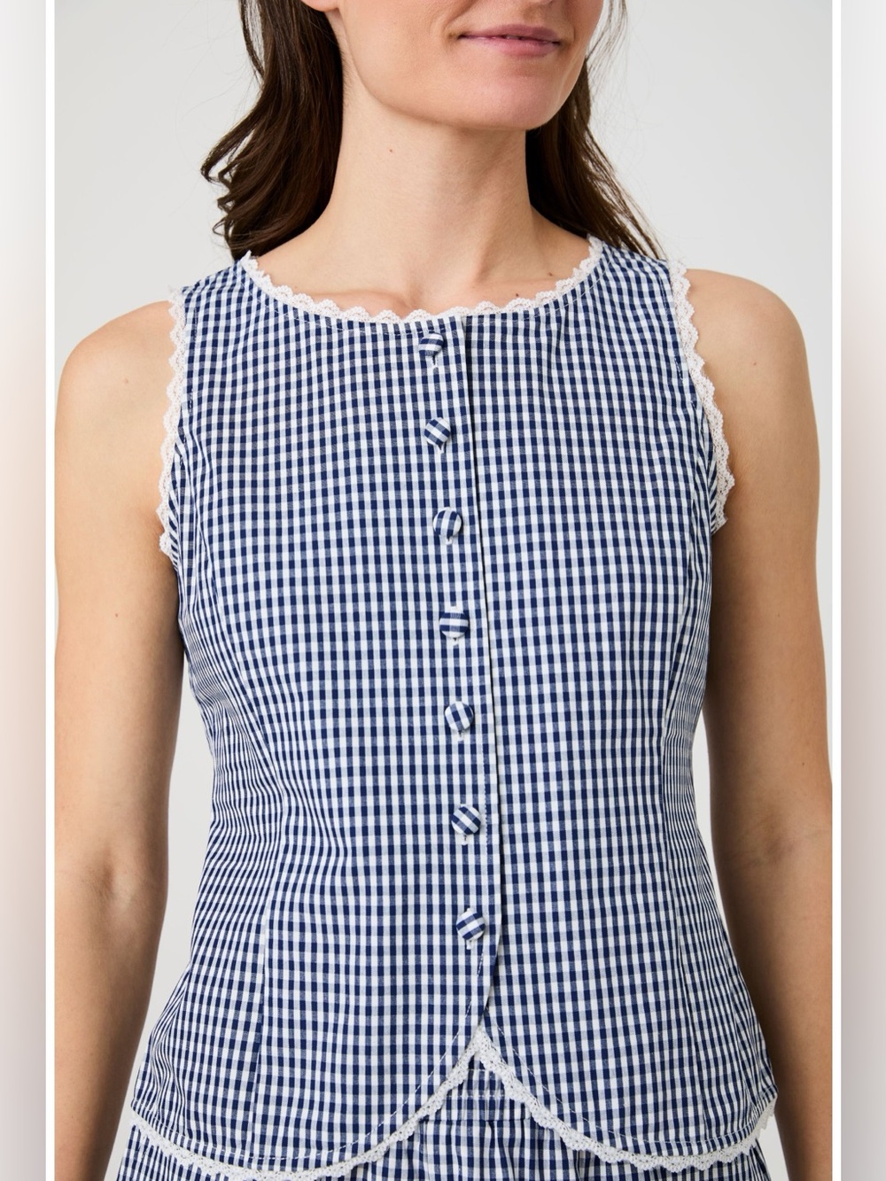 French Connection Lace Trim Gingham Vest